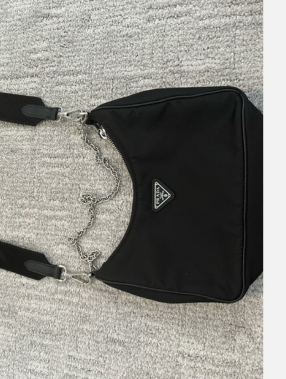Prada Black Nylon Shoulder Bag with Chain and Wide Strap